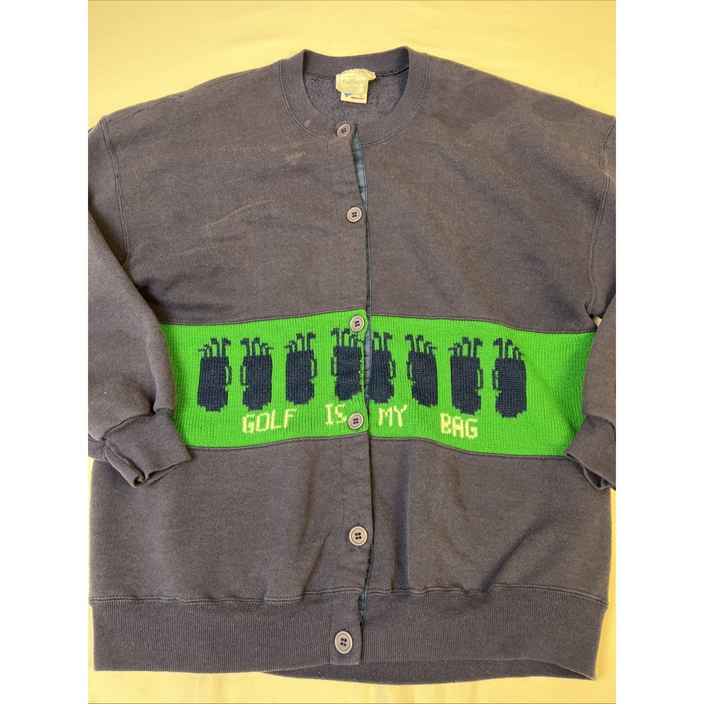 Vintage Jerzees FunWarmer Golf Is My Bag Cardigan Sweatshirt Navy Blue XXL USA